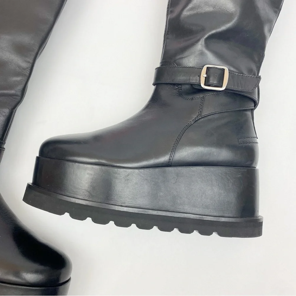 Free People Collection Not For Riding Platform Boots Tall Leather Buckle Black